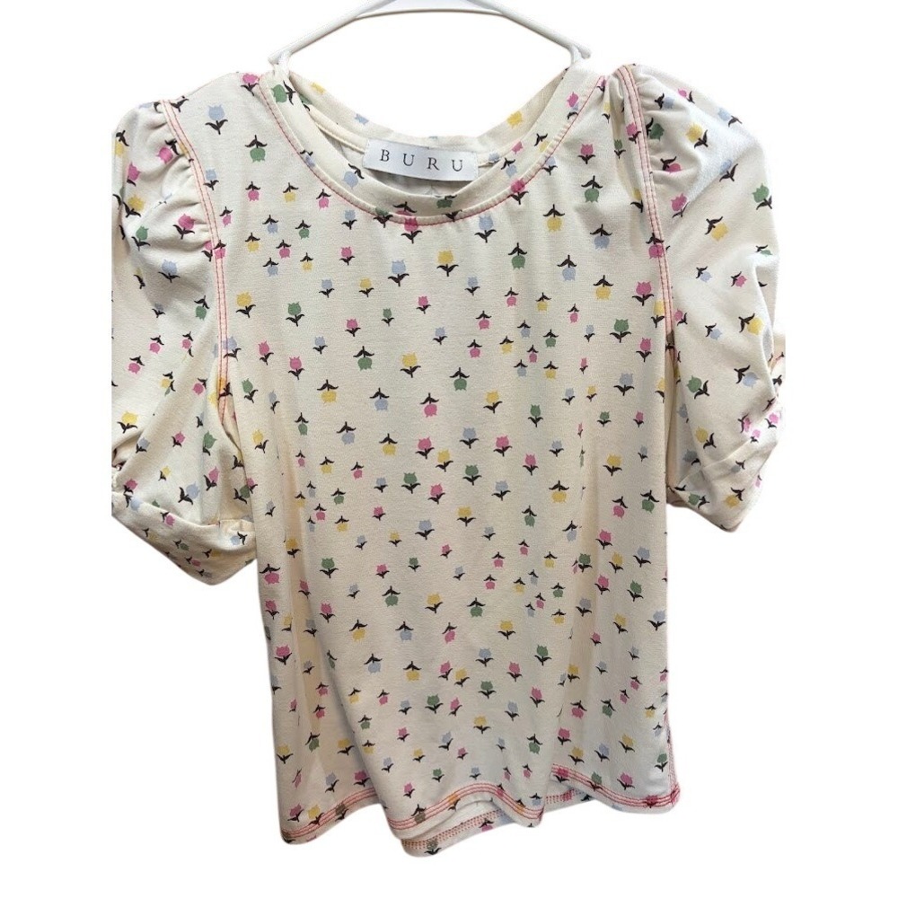 BURU Women Cream‎ Floral Tulip Puff Sleeve Tee T-Shirt XS Made in USA
